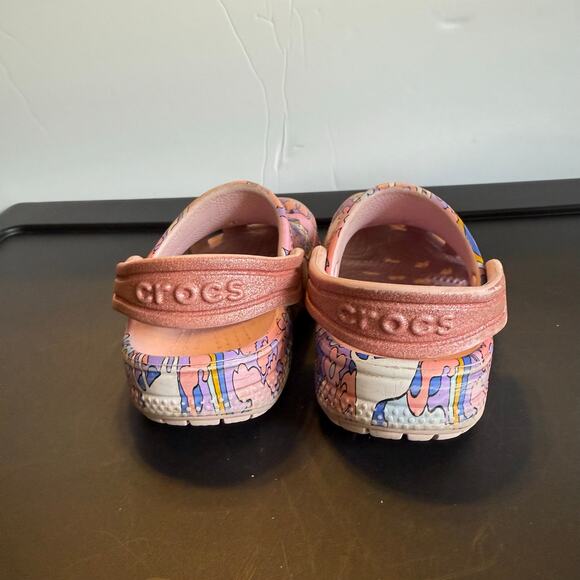 Crocs Classic Kids Clogs C6 Pink Unicorn Rainbow Print Slip-On Shoes - Picture 9 of 11